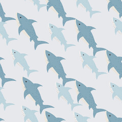 Pastel palette seamless pattern with blue shark hand drawn ornament. Light grey background.