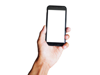 Young man hand holding black smartphone with blank screen isolated on white background. Space for text or design