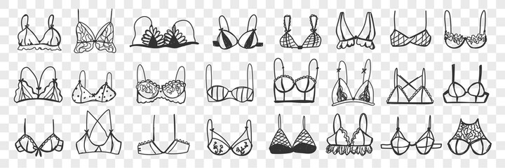 Woman bra doodle set. Collection of hand drawn various elegant or casual woman bra with straps isolated on transparent background. Illustration of sexual underwear for wearing on female body  - obrazy, fototapety, plakaty