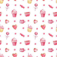 Romantic watercolor seamless pattern with pink cupcakes, cups, hearts on a white background.Watercolor illustration for Valentine's day. High quality illustration