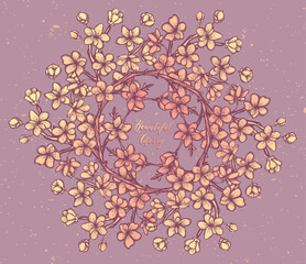 Beautiful Cherry ,Vector illustration, branches, flowers, buds,wreath, handmade, card for you