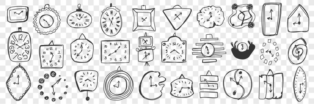 Wall clock doodle set. Collection of hand drawn various clocks of different shapes, sizes hanging on walls isolated on transparent background. Illustration of stylish modern and classical clock face