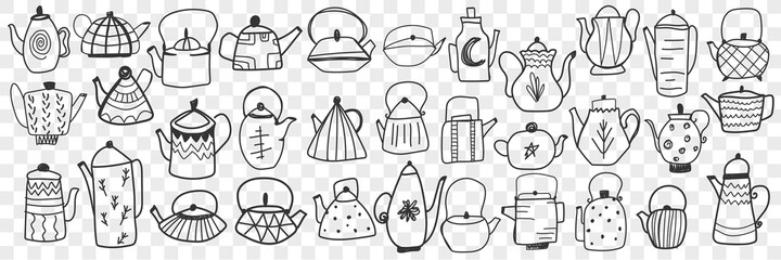 Teapots and kettles doodle set. Collection of hand drawn various stylish teapots and kettles for brewing tea or coffee at home isolated on transparent background. Illustration of hot drinks household