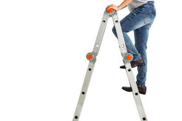 The man climb on the construction ladder