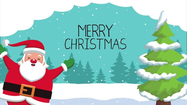 happy merry christmas animation with santa claus and pine tree