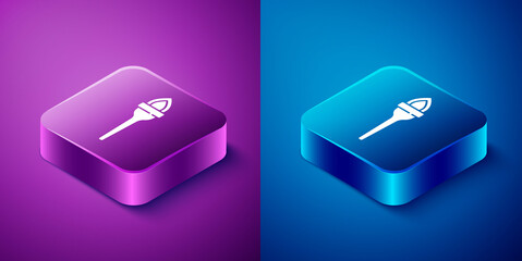 Isometric Torch flame icon isolated on blue and purple background. Symbol fire hot, flame power, flaming and heat. Square button. Vector.