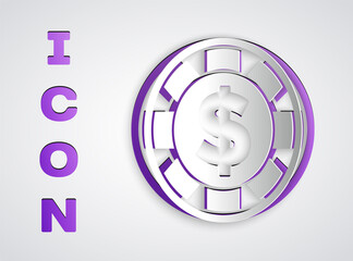Paper cut Casino chip with dollar symbol icon isolated on grey background. Casino gambling. Paper art style. Vector.