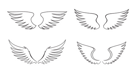 A set of Black Angel Wings. Vector Illustration and outline Icons. Symbol of freedom. Drawing in Illustrator. EPS file.