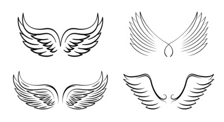 A set of Black Angel Wings. Vector Illustration and outline Icons. Symbol of freedom. Drawing in Illustrator. EPS file.