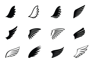 A set of Black Wings. Vector Illustration and outline Icons. Symbol of freedom.