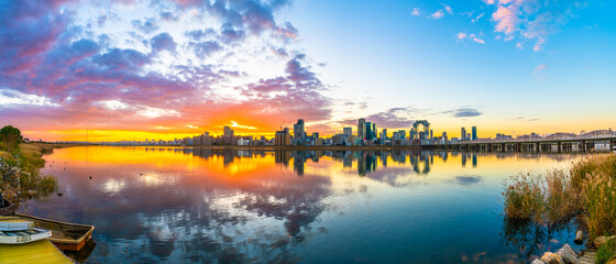 Fototapeta premium Sunrise panorama of Osaka in Japan