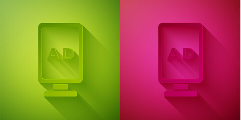 Paper cut Advertising icon isolated on green and pink background. Concept of marketing and promotion process. Responsive ads. Social media advertising. Paper art style. Vector.