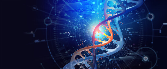 DNA helix 3D illustration. Laboratory research. Decoding genome. Virtual modeling of chemical processes. Hi-tech in medicine on a technological background © Siarhei