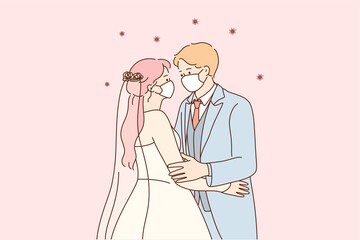 Wedding and holidays during coronavirus pandemic concept. Young loving family husband and wife in medical masks standing after marriage and looking at each other vector illustration 