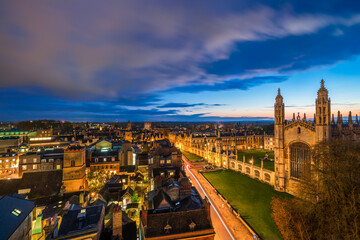 Beautiful skyline view of Cambridge city at dusk. UK