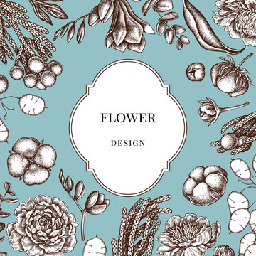 Badge over design with ficus, eucalyptus, peony, cotton, freesia, brunia