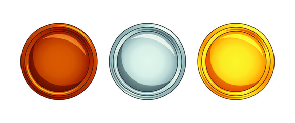 Gold, silver and bronze medals or coins vector icons for sports apps and websites or use for game development isolated on white background. Buttons with copy space on medal