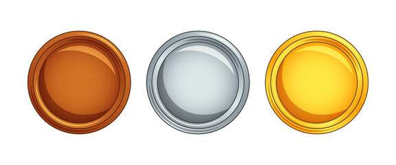 Gold, silver and bronze medals or coins vector icons for sports apps and websites or use for game development isolated on white background. Buttons with copy space on medal