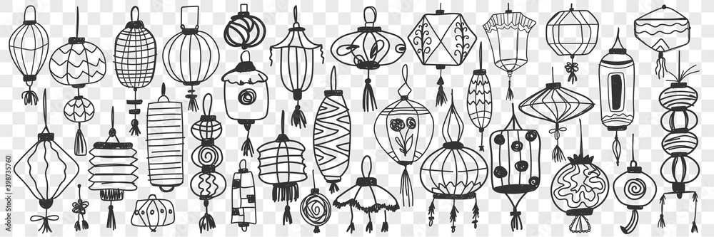 Wall mural chinese lanterns doodle set. collection of hand drawn traditional asian lanterns for decoration and 