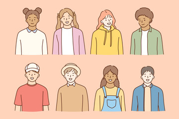 Multiethnic friendship, students international day concept. Group of smiling cheerful pupils or students of different race feeling happy isolated on pink background vector illustration 