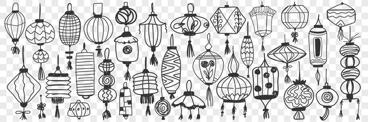 Chinese lanterns doodle set. Collection of hand drawn traditional asian lanterns for decoration and celebration holidays isolated on transparent background. Illustration of decorative asian symbols 