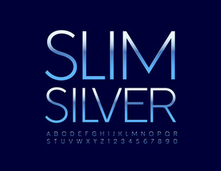 Vector Slim Silver Alphabet set. Blue metal Font. Shiny chrome Letters and Numbers set