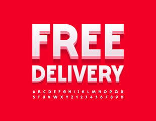 Vector business sign Free Delivery. 3D Modern Font. White Alphabet Letters and Numbers set