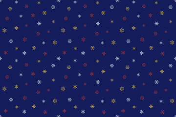 Christmas festive red, white and yellow snowflake ornamen on dark blue background. Winter mood, doodle illustration for web, print, background, wallpaper, wrapping paper, textile 
