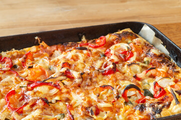 Pizza with tomato,pepper,onion,cucumber and cheese