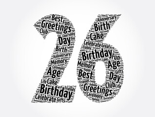 Happy 26th birthday word cloud, holiday concept background