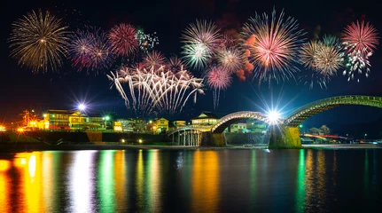Wall murals Kintai Bridge Fireworks display at  Kintai Bridge in Iwakuni, Japan