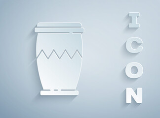 Paper cut Drum icon isolated on grey background. Music sign. Musical instrument symbol. Paper art style. Vector.