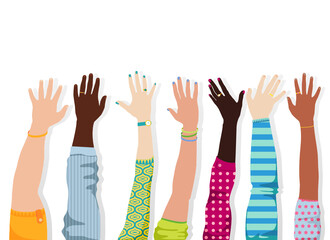Raised hands. Many hands of different people. Man's and woman's hands. Isolated on a white background. Vector illustration.