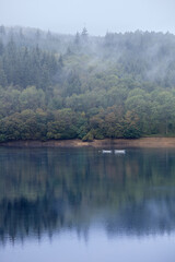 Misty day on Ladybower reservoir, in the Peak District National Park, U.K.