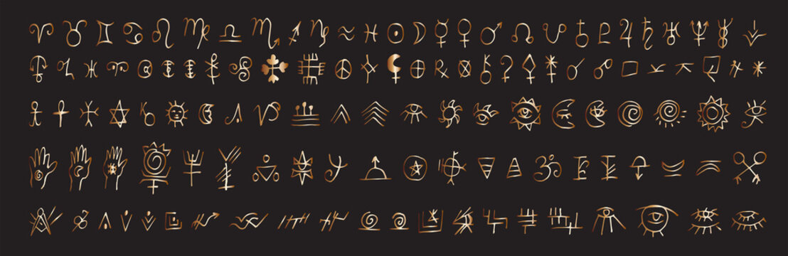 Large collection of alchemical, astrological and esoteric signs drawn in gold and isolated on a black background. Symbols of zodiac signs, planets, asteroids.  Vector icons in Doodle style.