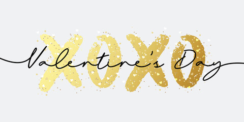 Obraz na płótnie Canvas Valentines Day brush painted calligraphy text XoXo with sparkles, star and hearts glitter and modern lettering. Vector illustration for greeting card, banner, poster or flyer design, social media, ads