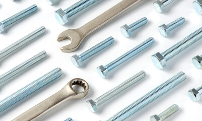 Repair tool. Bolts and wrenches. White background.