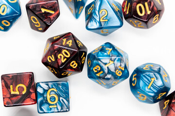 blue, red and yellow dices set, top view