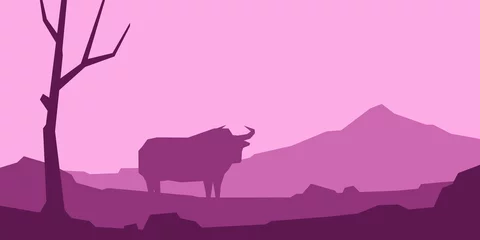 Gordijnen Purper Low poly silhouette landscape with yak. Mountain on background. Vector illustration  © Voidentir