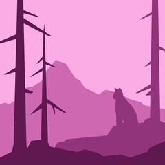 Low poly silhouette landscape with lynx. Mountain on background. Vector illustration