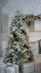 New Year's interior, festive tree, Christmas wreath. vertical photo