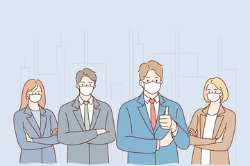 Reopening business, wearing medical masks for health protection during epidemic. Group of business people wearing face medical masks standing showing thumb up during outbreak of coronavirus infection 