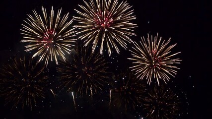 Stunning fireworks show fills the dark night sky with color as dozens of explosions spread across the screen. Shining sparkling pyrotechnic display celebrating an event.