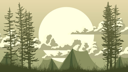 Horizontal illustration of night grassy meadow and coniferous trees with tent camp. © vertyr