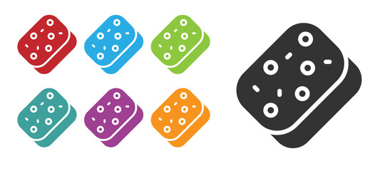 Black Sponge with bubbles icon isolated on white background. Wisp of bast for washing dishes. Cleaning service logo. Set icons colorful. Vector.