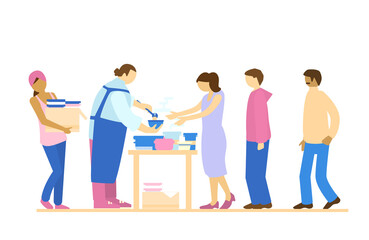 Obraz premium Volunteers serving food to people in need. Charity and humanitarian aid. Food sharing.Flat vector illustration.