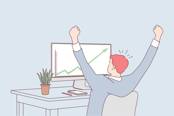 Development, success, achievement in business concept. Happy businessman sitting with raised hands and celebrating successful completing task on computer in office illustration 