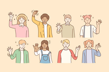 Hello, greeting, mixed race friendship concept. Group of smiling happy children of various races waving their hands to camera and feeling excited vector illustration 
