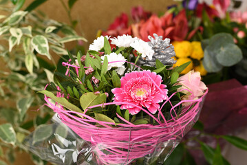 Pink gerberas in a bouquet close up.