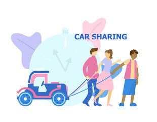Car sharing concept. Different adult people pulling together toy car by ropes. Collective ownership concept.